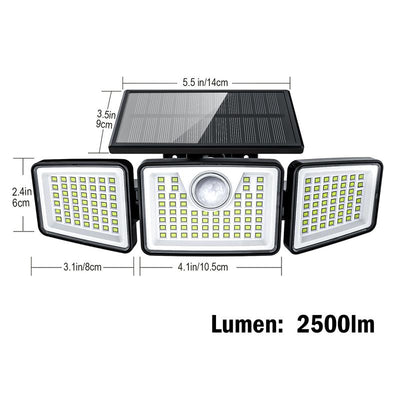 Solar Outdoor Security Spotlights, 2500LM 3-Head Dimmable Adjustable IP65 Waterproof