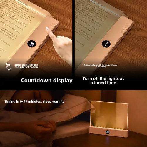 Book Light, Rechargeable Clear LED Flat Reading Light with & Timer, Dimmable Panel Plate Lamp Book Full Page Light for Reading in Bed at Night