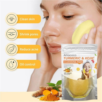 Turmeric & Kojic Acid Cleansing Pads - 20pcs Gentle Facial Cleanser Pads, Deep Clean, Soft Texture, Multi-Pack Skincare