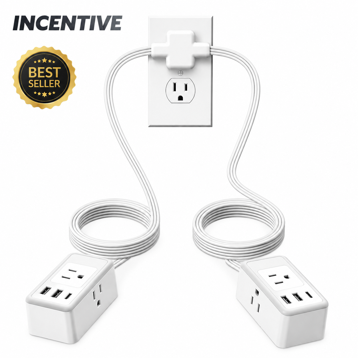 Twin Extension Cord Splitter – Dual Power Extension with 6 AC Outlets & USB/C Charging Ports