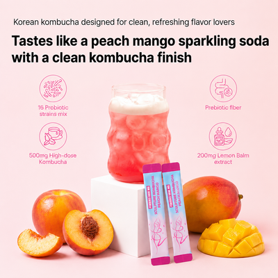 Korean Kombucha Powder Drink Mix, Peach Mango, Sugar Free, Prebiotic Fiber & 16 Probiotic Strains