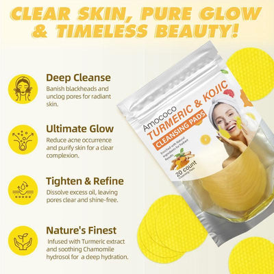 Turmeric & Kojic Acid Cleansing Pads - 20pcs Gentle Facial Cleanser Pads, Deep Clean, Soft Texture, Multi-Pack Skincare