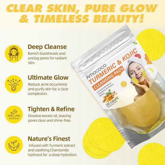 Turmeric & Kojic Acid Cleansing Pads - 20pcs Gentle Facial Cleanser Pads, Deep Clean, Soft Texture, Multi-Pack Skincare