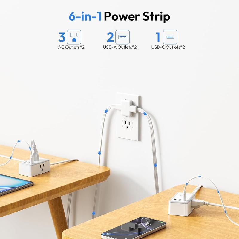 Twin Extension Cord Splitter – Dual Power Extension with 6 AC Outlets & USB/C Charging Ports