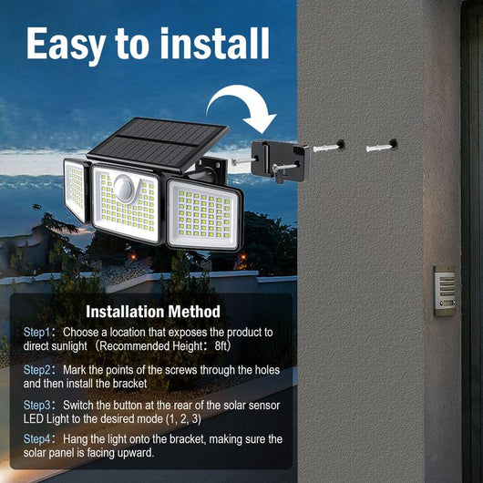 Solar Outdoor Security Spotlights, 2500LM 3-Head Dimmable Adjustable IP65 Waterproof