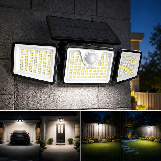 Solar Outdoor Security Spotlights, 2500LM 3-Head Dimmable Adjustable IP65 Waterproof
