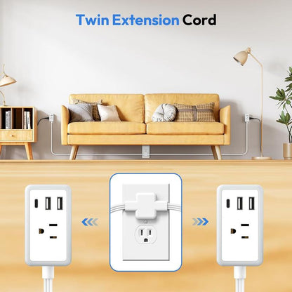 Twin Extension Cord Splitter – Dual Power Extension with 6 AC Outlets & USB/C Charging Ports