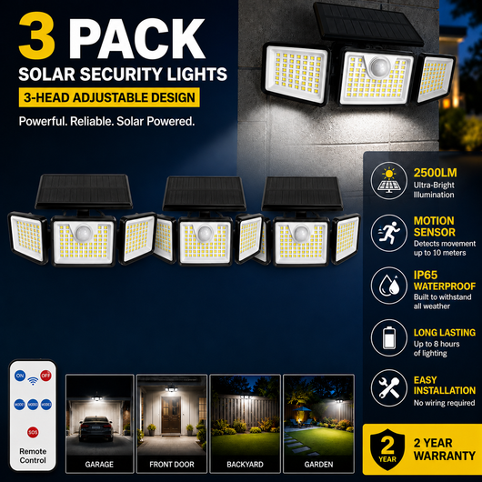 Solar Outdoor Security Spotlights, 2500LM 3-Head Dimmable Adjustable IP65 Waterproof