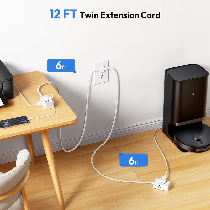 Twin Extension Cord Splitter – Dual Power Extension with 6 AC Outlets & USB/C Charging Ports